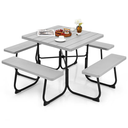 Outdoor Picnic Table 8-Person, Square HDPE Table with 4 Built-in Benches, Umbrella Hole, Metal Frame