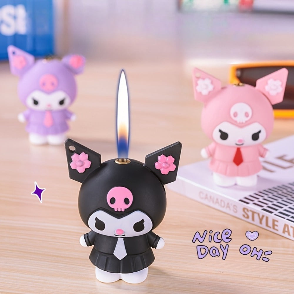 3D Kawaii Anime Figure Lighter with Chain, Cute Kuromi Sanrio Cartoon Open Flame Butane Lighter, Unique Kawaii Gift for Anime Fans