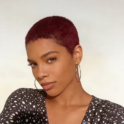 Short Pixie Human Hair Wig, 4-Inch Length in 1B Black, 99J Burgundy, #30 or #27 Color Options