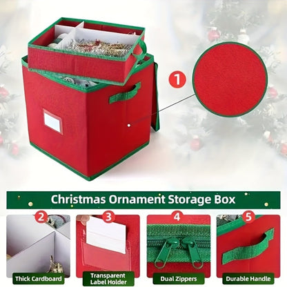 Christmas Ornament Storage Box, Holds Up to 64 Holiday Ornaments, Adjustable Dividers, Covered Lid & Dual Handles