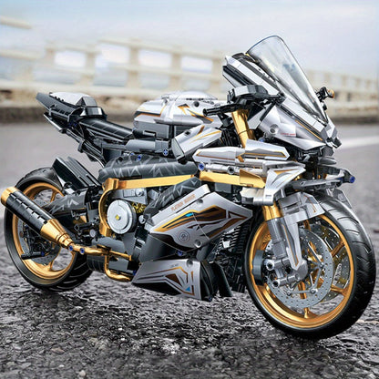 Motorcycle Building Blocks Model Kit 1:5 Scale 2000+ Pieces, Platinum Gold & White Collectible Brick Motorbike Display Set