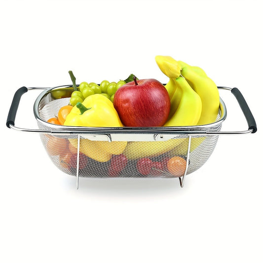 Expandable Sink Colander Stainless Steel, Over the Sink Strainer Basket with Fine Mesh & Rubber Grip