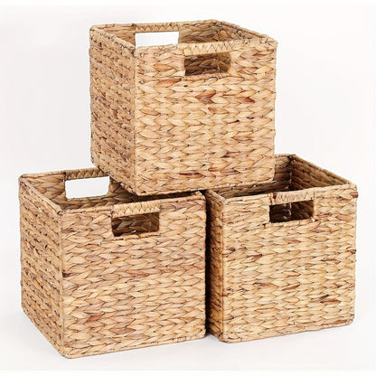 Water Hyacinth Storage Baskets 11in – Handwoven Stackable Cube Baskets for Shelves Closet Laundry, Natural Wicker Organizer Bins