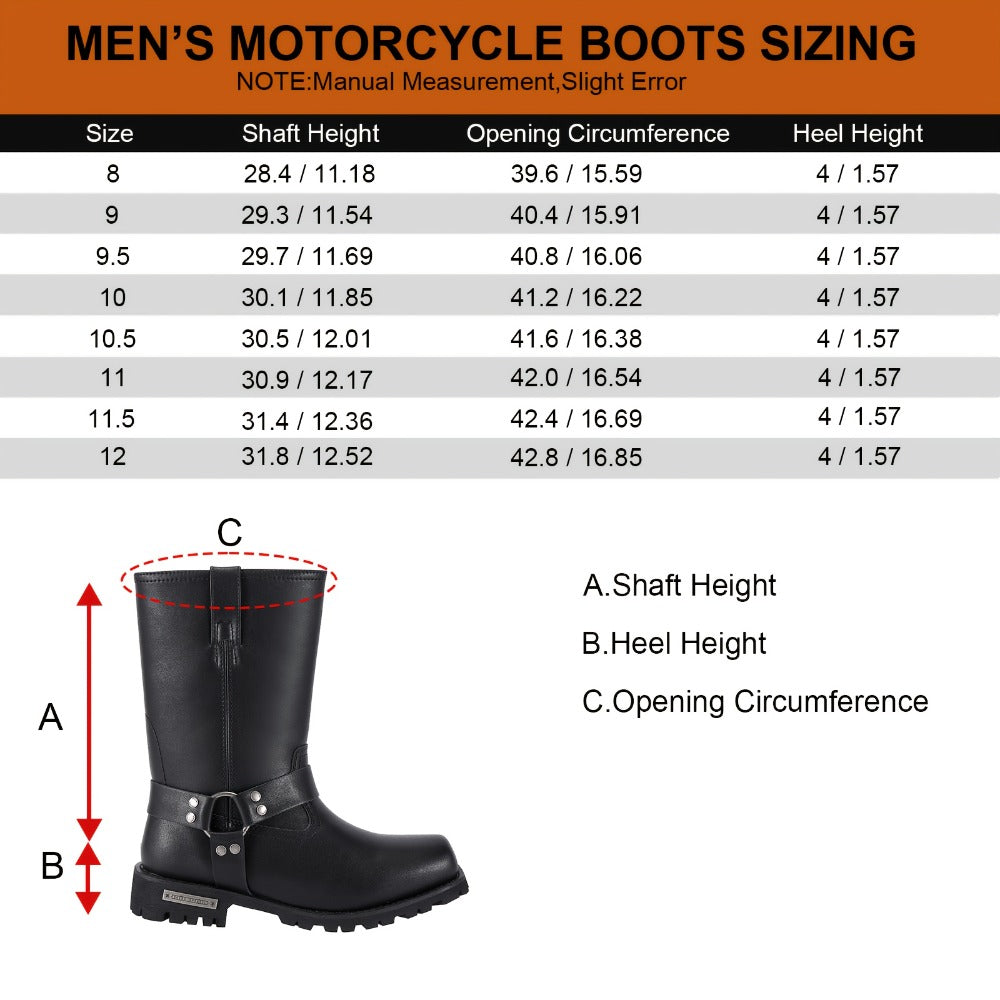 Men's Motorcycle Boots 11" Harness – PU Leather Non-Slip Square Toe Mid-Calf Biker Boots, Abrasion Resistant All-Season Riding Boots