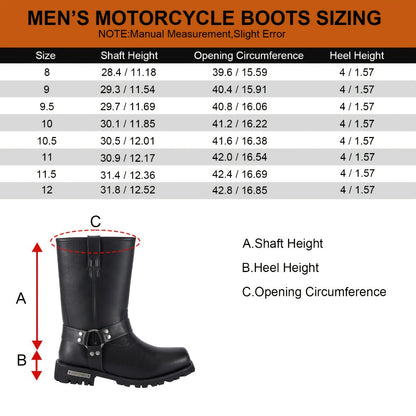 Men's Motorcycle Boots 11" Harness – PU Leather Non-Slip Square Toe Mid-Calf Biker Boots, Abrasion Resistant All-Season Riding Boots