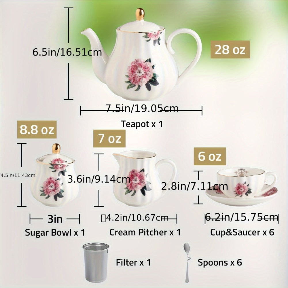Porcelain Tea Set Service for 6 British Royal Floral Design with Teapot Sugar Bowl Cream Pitcher Teaspoons Tea Strainer 8oz Cups Saucers
