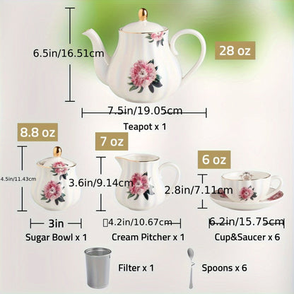 Porcelain Tea Set Service for 6 British Royal Floral Design with Teapot Sugar Bowl Cream Pitcher Teaspoons Tea Strainer 8oz Cups Saucers