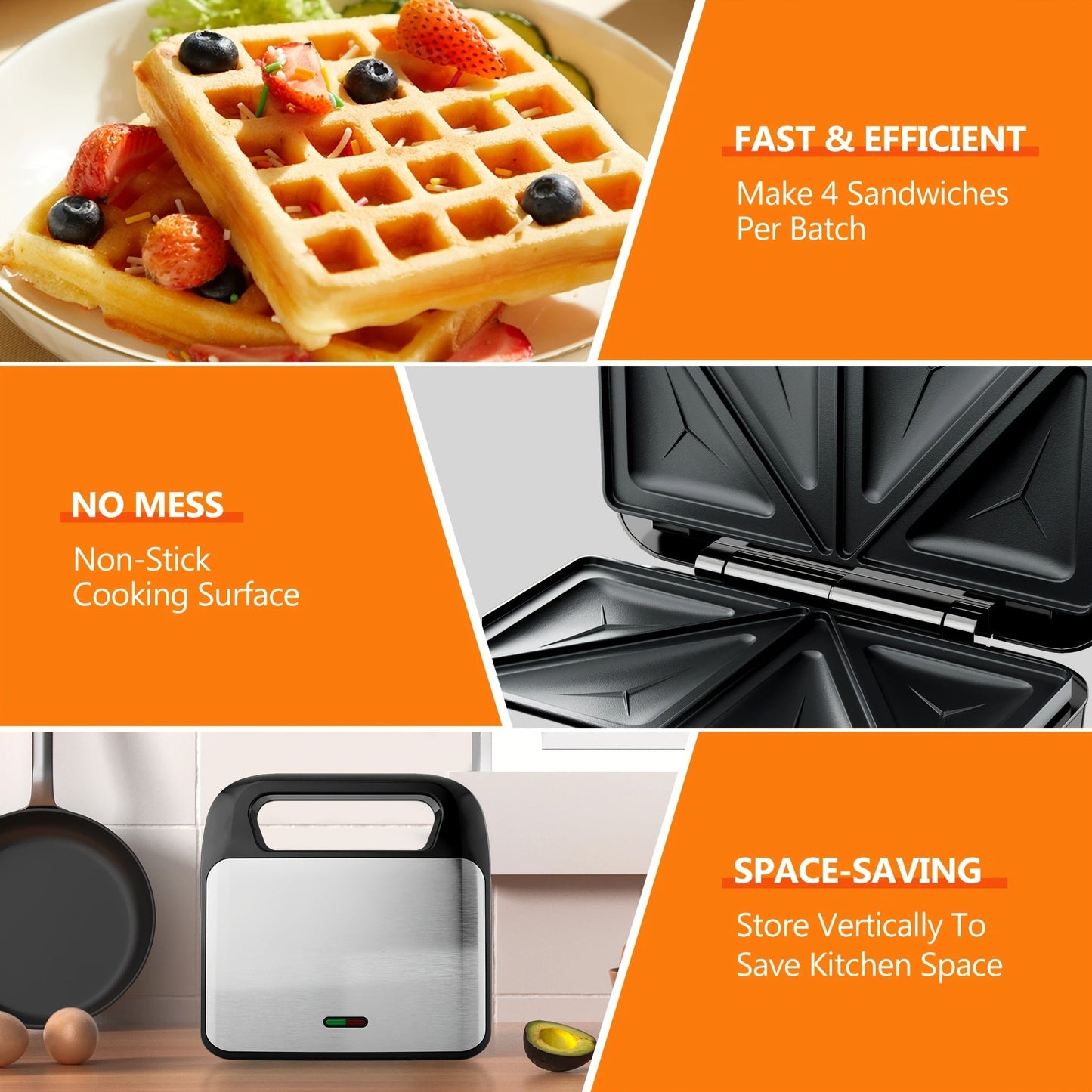 Sandwich Maker 3-in-1 Panini Press & Waffle Iron 750W with Removable Non-Stick Plates, Compact for Dorm