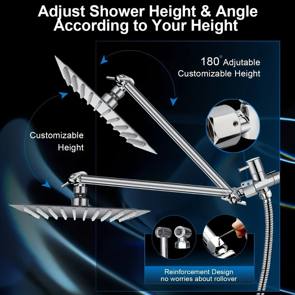 High Pressure Rainfall Shower Head Combo with Handheld Spray – 9 Spray Settings, 180° Adjustable Bracket, Stainless Steel Hose
