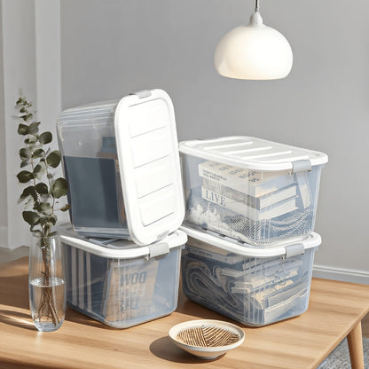 Four-Pack 46-Quart Clear Storage Bins with Latching Lids, Side Handles and Stackable Shape