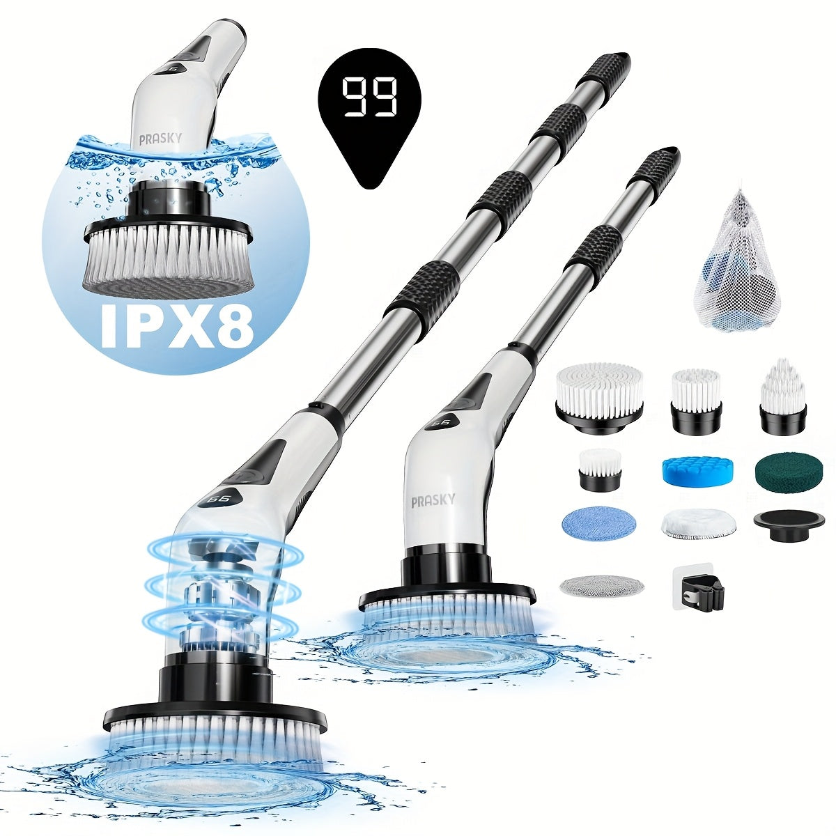 Electric Spin Scrubber Cordless IPX8 9 Replaceable Brush Heads 4 Adjustable Extension for Home Cooking, Dining and Outdoor Meals