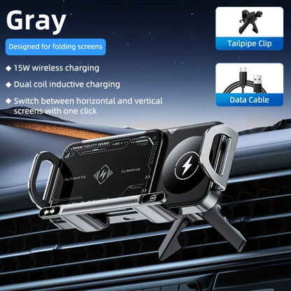 Dual-Coil Wireless Charging Car Mount with 15W Label, Fold-Screen Support and Three Configurations