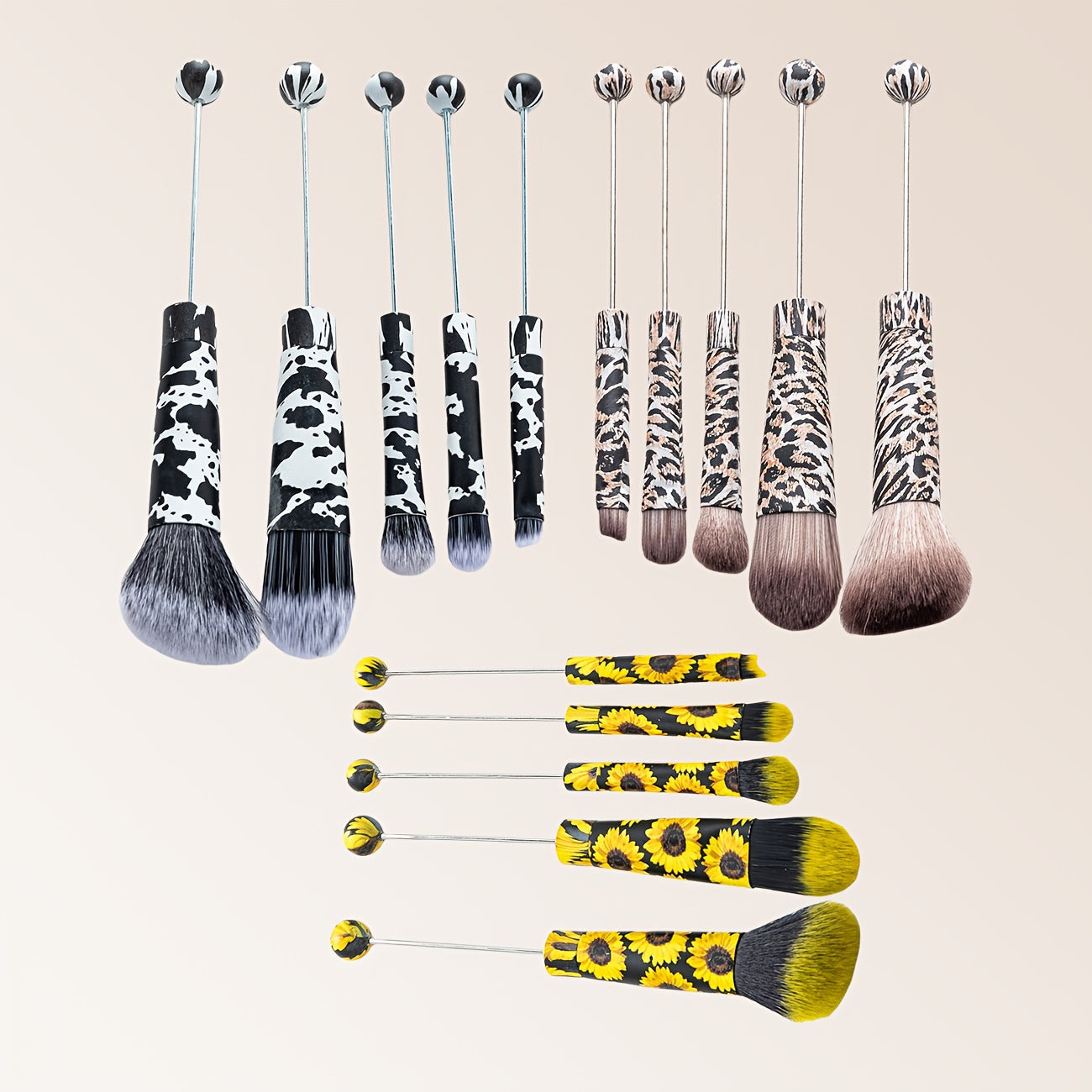 Makeup Brush Set, 15-Piece Bead-Ready Metal Handle Collection with Powder, Blush, Eyeshadow and Angled Brush Shapes