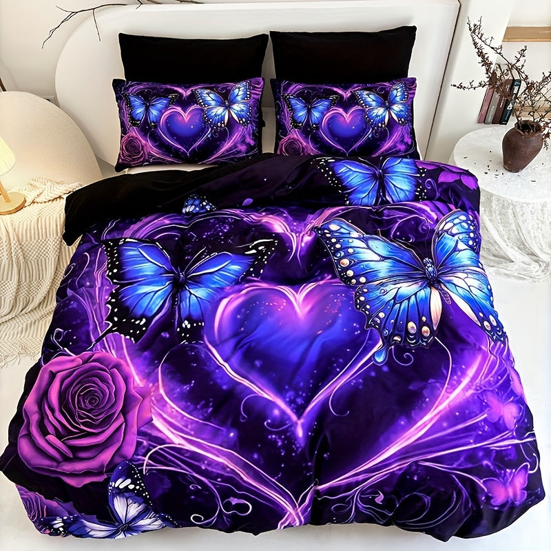 3-Piece Duvet Cover Set with Purple Butterfly, Rose and Heart Print, Zipper Closure and Four Sizes