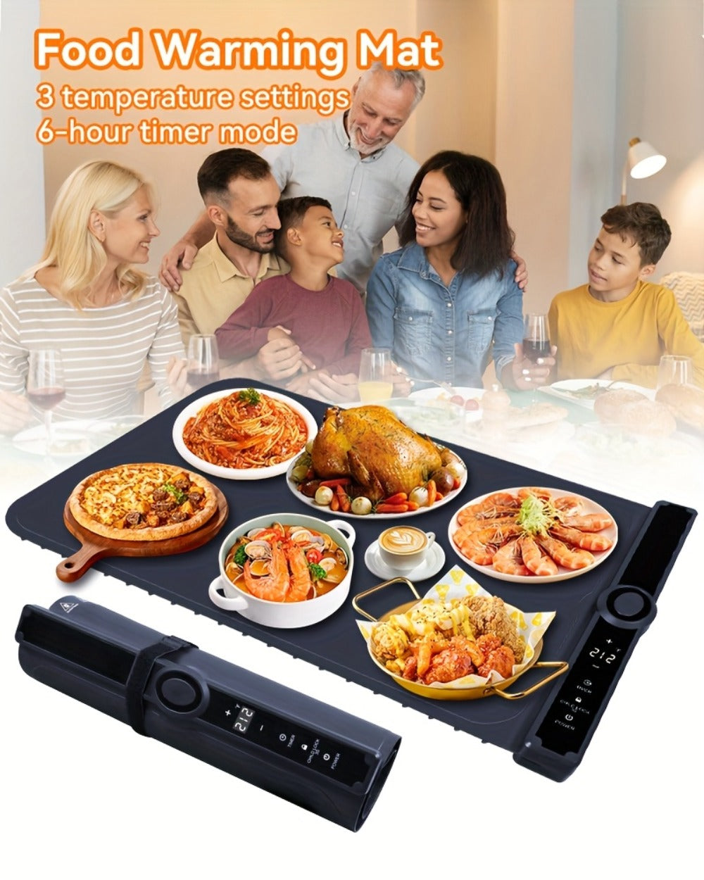 Electric Food Warming Pad Silicone 3 Temperature Levels Timer Foldable Full Surface Rapid for Home Cooking, Dining and Outdoor Meals