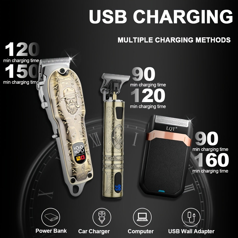 LQT Bronze Hair Clipper Set with Digital Displays, USB Charging and Choice of 2-, 3- or 4-Device Kits