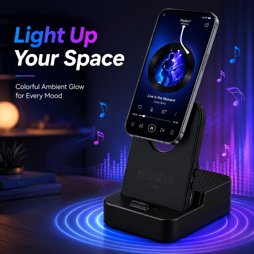 Magnetic Wireless Speaker Stand with Emergency Charging, 360° Adjustable Foldable Phone Holder, Portable Bluetooth Speaker
