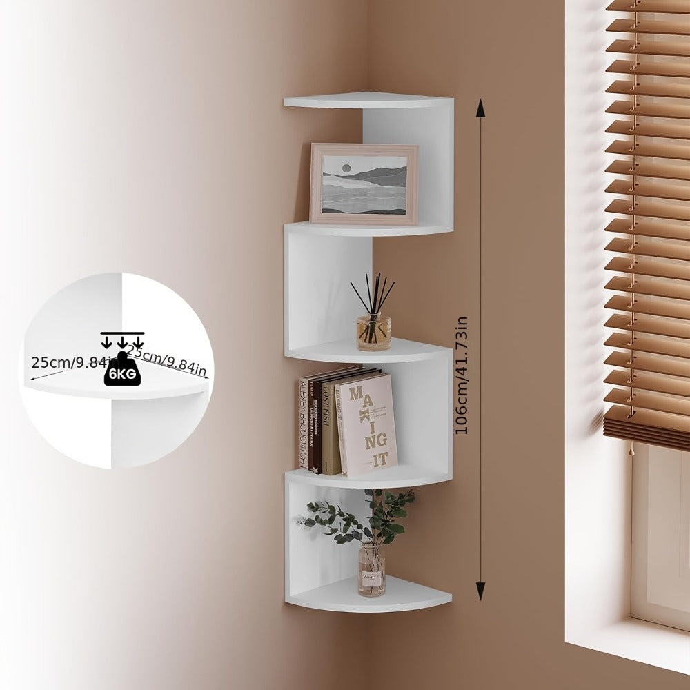5-Tier Wall-Mounted Corner Shelf – Space-Saving Floating Storage Organizer in White Acrylic for Bathroom, Living Room, Bedroom