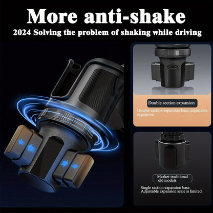Car Cup Holder Expander with 7.7 Inch Tray, 2.7 Inch Drink Ring, Phone Mount and 58-86 mm Adjustable Base