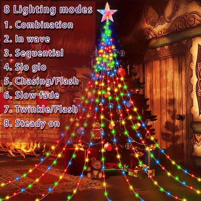 Christmas Tree Waterfall Fairy Lights 200 LED with Star Top Decoration, 8 Lighting Modes, Battery