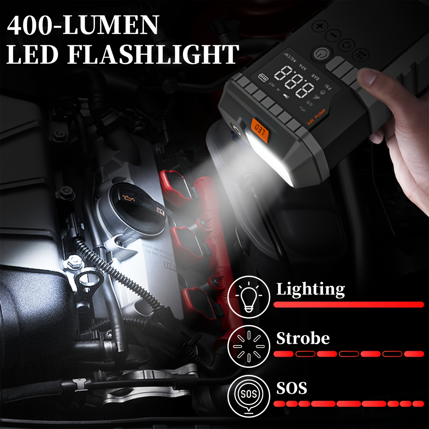 Jump Starter Power Bank 10000A 4-in-1 with 150 PSI Air Compressor LED Emergency Light USB Charging for Garden, Patio and Yard Use