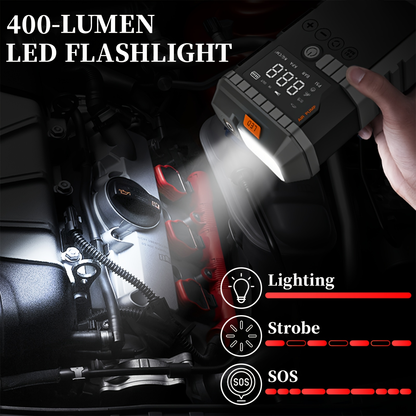 Jump Starter Power Bank 10000A 4-in-1 with 150 PSI Air Compressor LED Emergency Light USB Charging for Garden, Patio and Yard Use