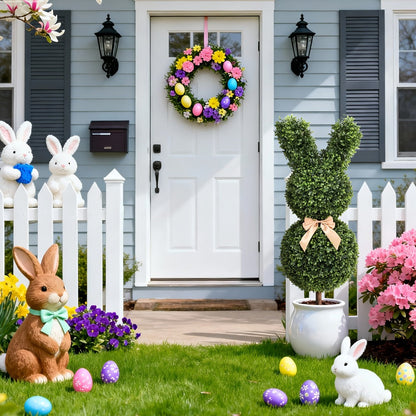 Artificial Boxwood Bunny Topiary 2-Pack, 3Ft Faux Rabbit Garden Statue with Bow, Indoor Outdoor Easter Spring Porch Decor