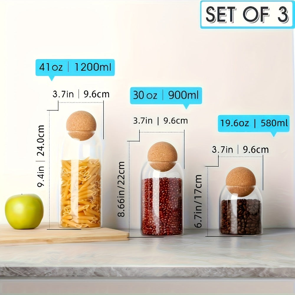 Glass Storage Jars with Cork Lid Set of 3 | 17oz 500ml Airtight Glass Containers with Spherical Cork Stopper | Kitchen Organizer for Tea