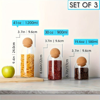 Glass Storage Jars with Cork Lid Set of 3 | 17oz 500ml Airtight Glass Containers with Spherical Cork Stopper | Kitchen Organizer for Tea