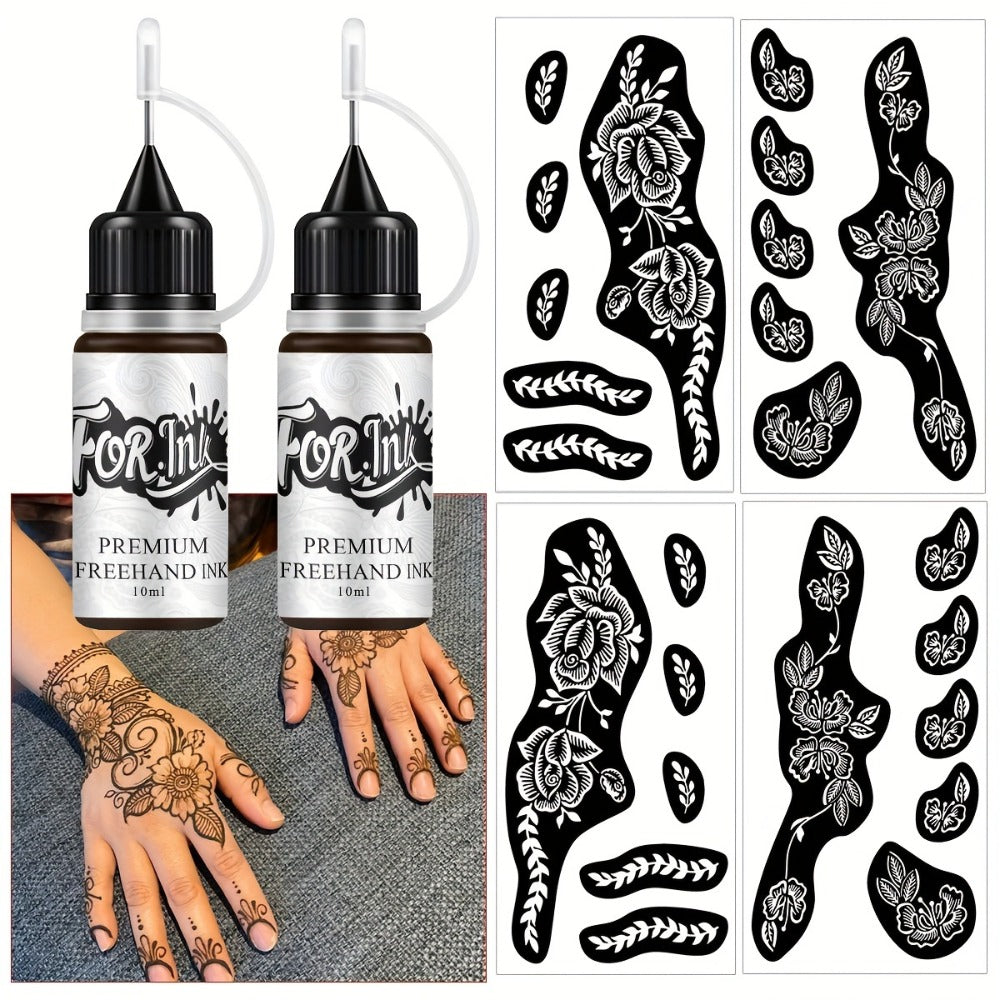 Tattoo Stencil Kit with Brown Paste Ink & Flash Spray, Pre-Cut Hollow Template DIY Freehand Henna Style