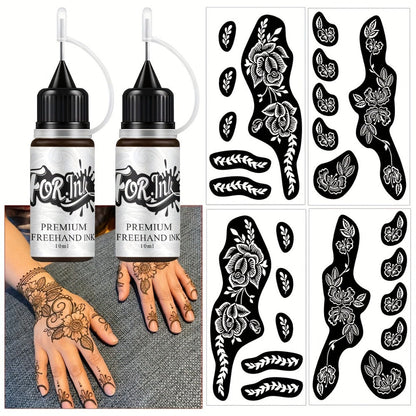 Tattoo Stencil Kit with Brown Paste Ink & Flash Spray, Pre-Cut Hollow Template DIY Freehand Henna Style