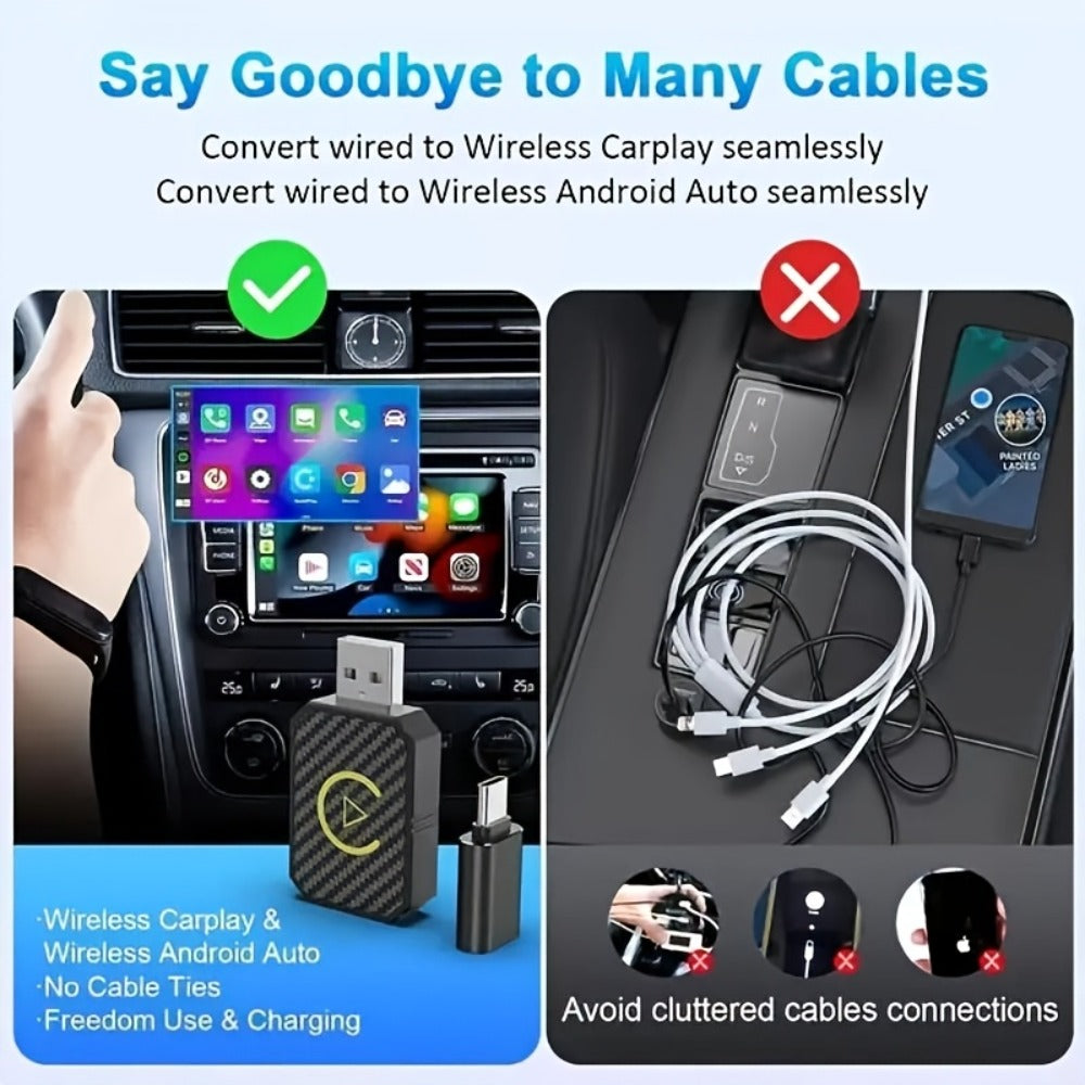 Mini Wired-to-Wireless CarPlay Adapter with USB-A Plug and USB-C Adapter in USB Set Pictured