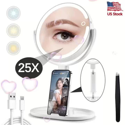 Makeup Mirror with Lights, 8-Inch Dual-Sided 1X and 25X with 80 LEDs, Three Light Colors, Touch Control and USB-C Charging
