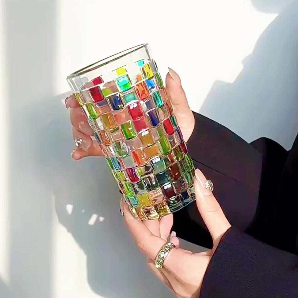Hand-Painted Drinking Glasses Set – Colorful Square Lattice Woven Handcrafted Glass for Water, Juice, Whiskey & Beer