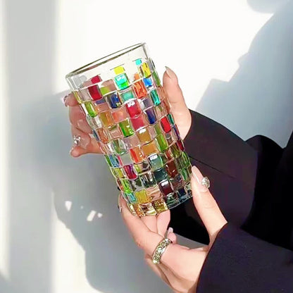 Hand-Painted Drinking Glasses Set – Colorful Square Lattice Woven Handcrafted Glass for Water, Juice, Whiskey & Beer