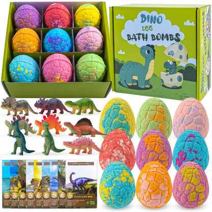 Dinosaur Egg Bath Bombs with Surprise Inside 9 Pack – Kids Fizzy Bath Balls with Hidden Dinosaur Toy