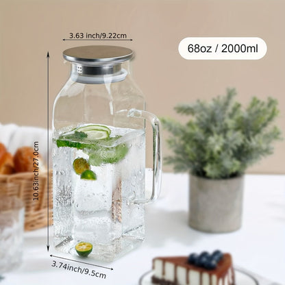 Glass Pitcher with Lid & Handle 2L 68oz, Square Borosilicate Water Jug, Heat Resistant Carafe for Fridge