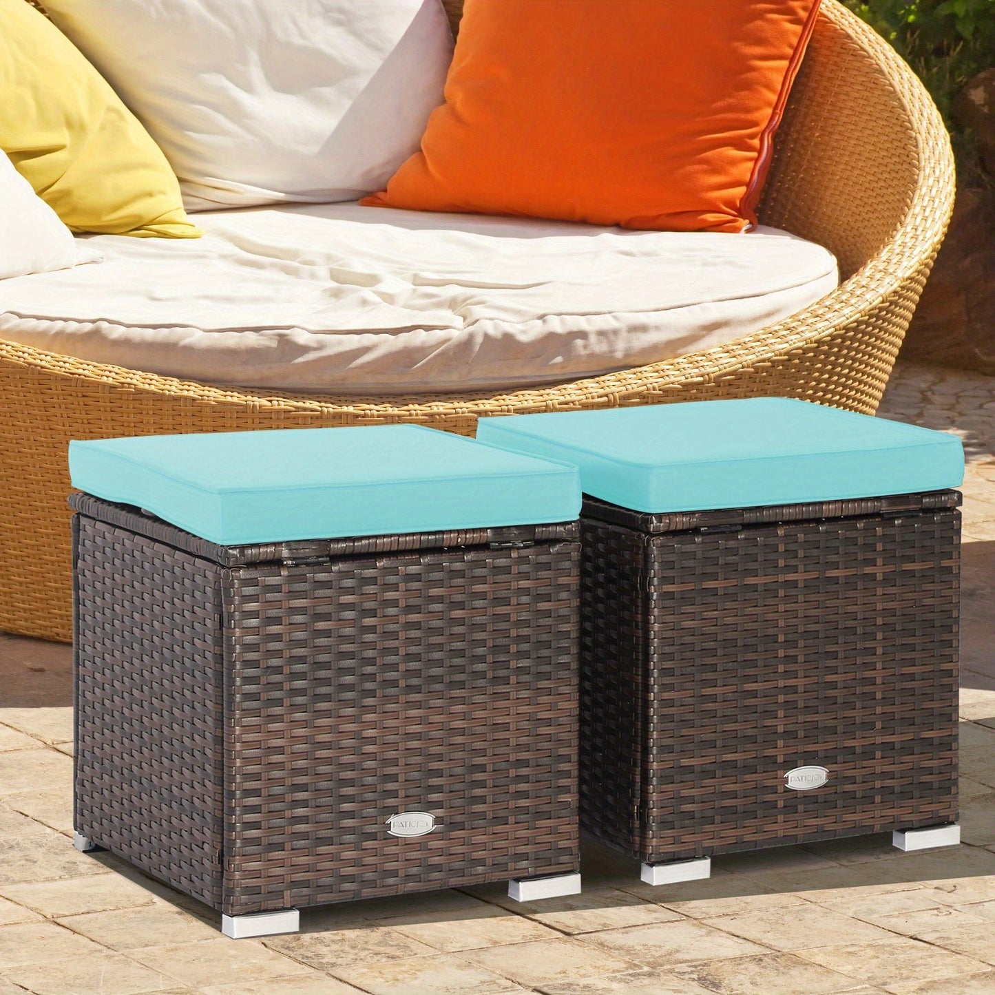 Outdoor Wicker Ottoman Set of 2 with Hidden Storage – PE Wicker Footstools with Detachable Cushions, Side Table & Extra Seating for Patio