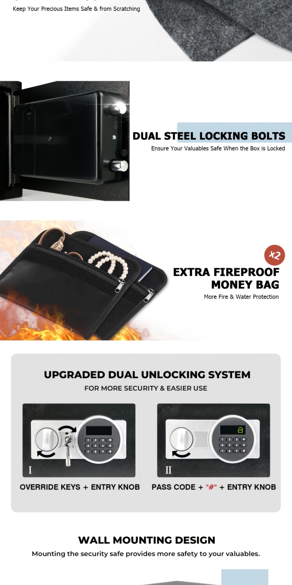 Fireproof Home Safe Box with Digital Keypad and Key Lock Steel Security Safe for Money for Entryways, Bedrooms and Living Spaces