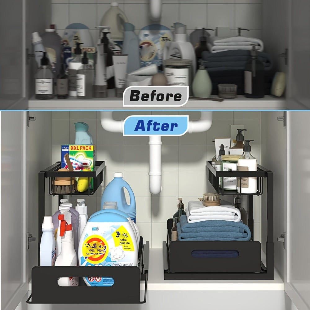 Under Sink Storage Organizer 2-Tier Sliding Metal Shelf in 1-Pack or 2-Pack, Black, White or Gray