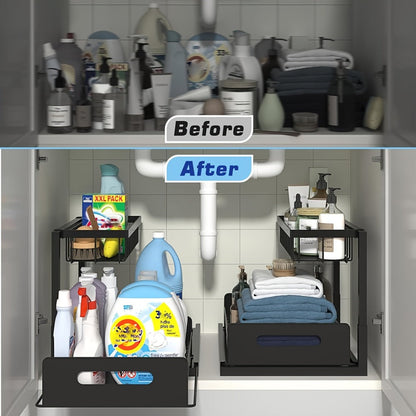 Under Sink Storage Organizer 2-Tier Sliding Metal Shelf in 1-Pack or 2-Pack, Black, White or Gray