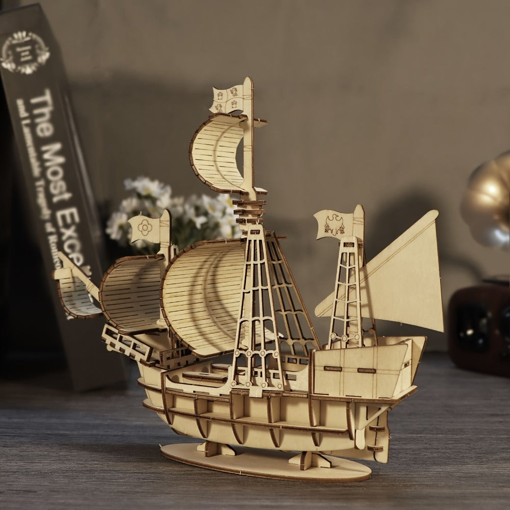 Wooden Sailing Ship Model Kit with 57 Pieces, 20 cm Length and Ocean Design for Ages 14 Plus