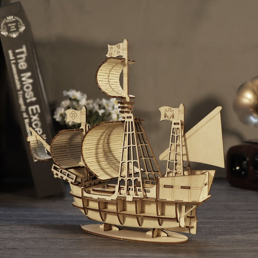 Wooden Sailing Ship Model Kit with 57 Pieces, 20 cm Length and Ocean Design for Ages 14 Plus