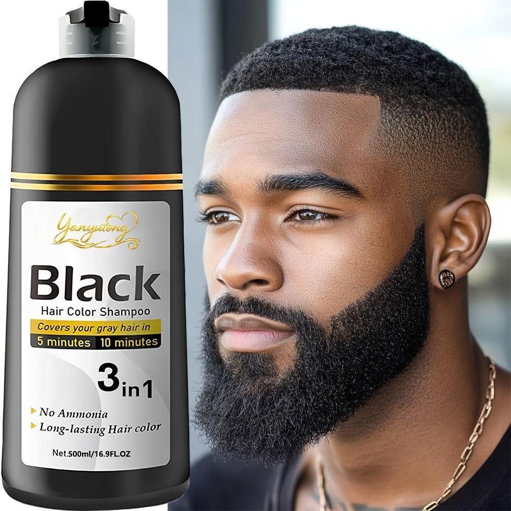 Hair Dye Shampoo, YANYUTONG 500ml Black 3-in-1 Pump Bottle for Hair and Beard Color Application