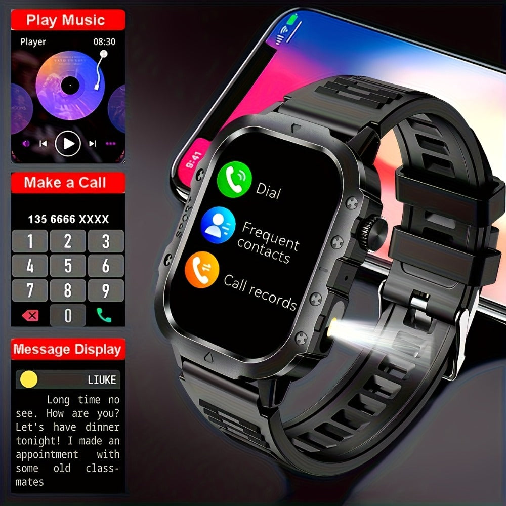 Smartwatch LED Flashlight Outdoor 2.01" Large Screen – Multi-Sport Modes, Rechargeable Battery, Message Alerts, Fitness Tracker – Rugged
