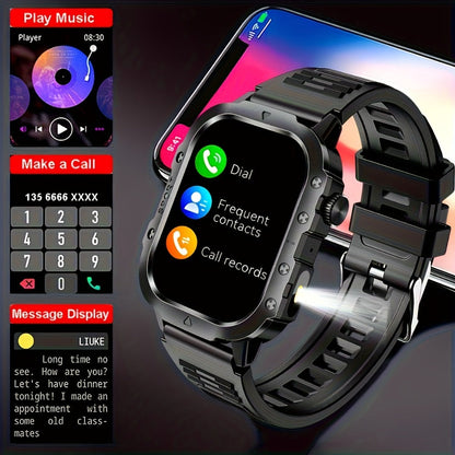 Smartwatch LED Flashlight Outdoor 2.01" Large Screen – Multi-Sport Modes, Rechargeable Battery, Message Alerts, Fitness Tracker – Rugged