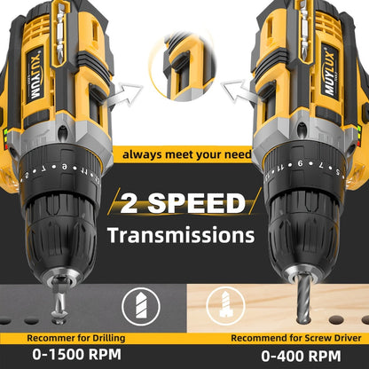 20V Cordless Drill Set Impact Power Drill 3/8 Inch Keyless Chuck 18+3 Clutch 45Nm Max Torque for Entryways, Bedrooms and Living Spaces