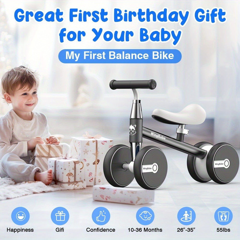 4 Wheel Balance Bike for Baby Toddlers 10-36 Months, First Bike with Adjustable Seat, 90° Steering Limit & Silent Anti-Slip Tires