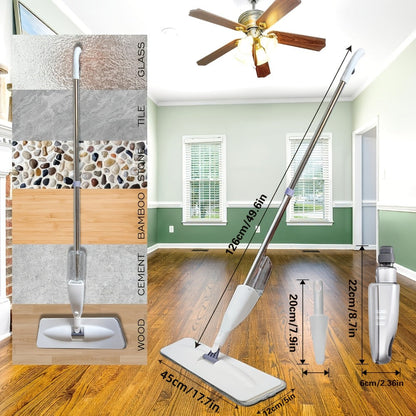 Spray Mop with 3 Microfiber Carbon Fiber Pads Water Spraying Flat Mop Wet Dry Dual Use Floor for Entryways, Bedrooms and Living Spaces