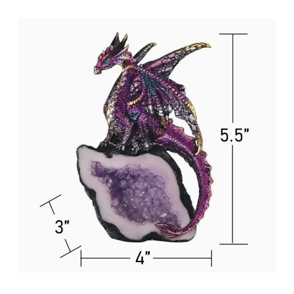 Dragon Figurine Purple Dragon Guarding Crystal Cave Statue 5.5 Inch Polyresin Sculpture Collectible Home Decor for Bookshelf Office Living